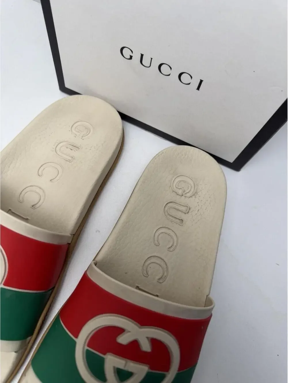 Gucci GG Logo Slides Sandals Red Green White Rubber Size 40